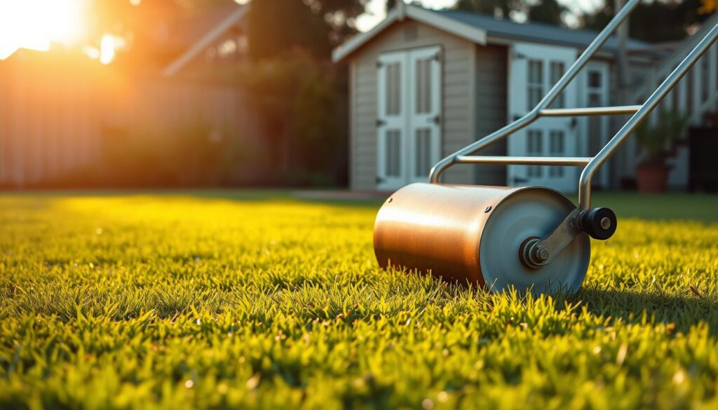 A well-maintained lawn roller, meticulously detailed, resting on a neatly trimmed green lawn under a warm, golden-hour light. The roller's surface gleams, its sturdy metal frame casting soft shadows on the grass. In the background, a pristine garden shed stands, hinting at the diligent care and attention given to the lawn's upkeep. The scene conveys a sense of order, precision, and the satisfaction that comes from achieving a beautifully rolling lawn through proper technique.