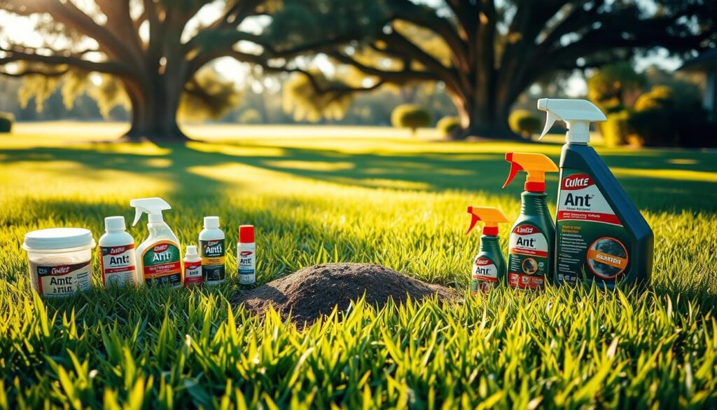 An extravagant lawn scene, bathed in warm afternoon sunlight, with a close-up view of an ant mound. The foreground showcases a variety of ant control products, including granules, baits, and sprays, artfully arranged around the mound. The middle ground features lush, verdant grass with delicate blades swaying gently. In the background, a meticulously manicured lawn stretches out, framed by a few towering oak trees casting soft shadows. The overall composition evokes a sense of order, control, and a homeowner's dedication to maintaining a pristine, pest-free outdoor space.