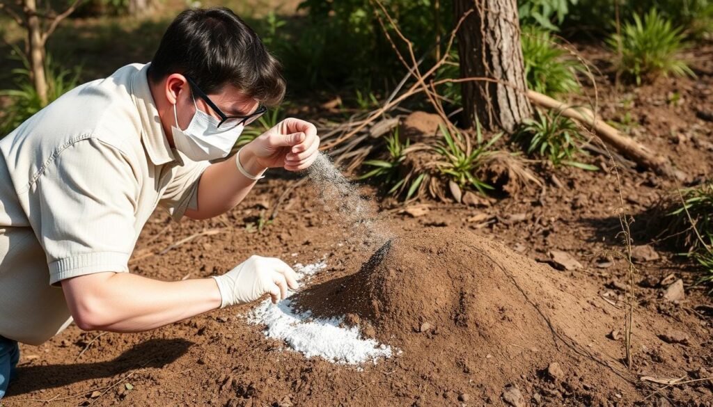 An image of a person wearing a protective mask sprinkling diatomaceous earth around an ant mound.