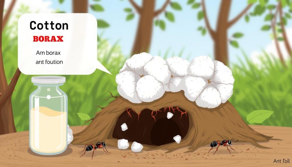 An image of cotton balls soaked in a borax and sugar solution placed near an ant nest.