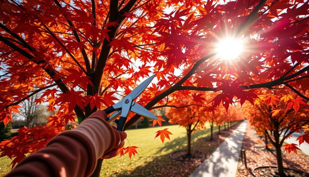 Autumn foliage brightens the scene as a skilled gardener carefully prunes the branches of a majestic maple tree. The midday sun casts warm, focused light, accentuating the vibrant reds and oranges of the leaves. In the foreground, pruning shears glide precisely through the thick, healthy limbs, reshaping the tree's natural form. The middle ground reveals a well-tended lawn dotted with fallen leaves, while the background features a row of identical maple trees lining a paved walkway. The mood is one of serene productivity, reflecting the optimal time of year to maintain these iconic shade trees.
