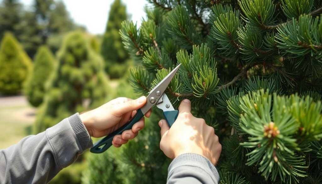 Detailed close-up of an expert gardener's hands skillfully pruning the branch of a large, lush green pine tree. The foreground shows the pruning shears precisely cutting through the thick needles and woody stems. The middle ground reveals the well-maintained pine tree with its symmetrical shape and healthy, dense foliage. In the background, a serene garden landscape with other vibrant evergreen trees sets a tranquil, natural atmosphere. Bright, diffused natural lighting illuminates the scene, creating soft shadows and highlights that accentuate the textures of the pine needles and bark. Shot with a shallow depth of field to focus attention on the intricate pruning technique.