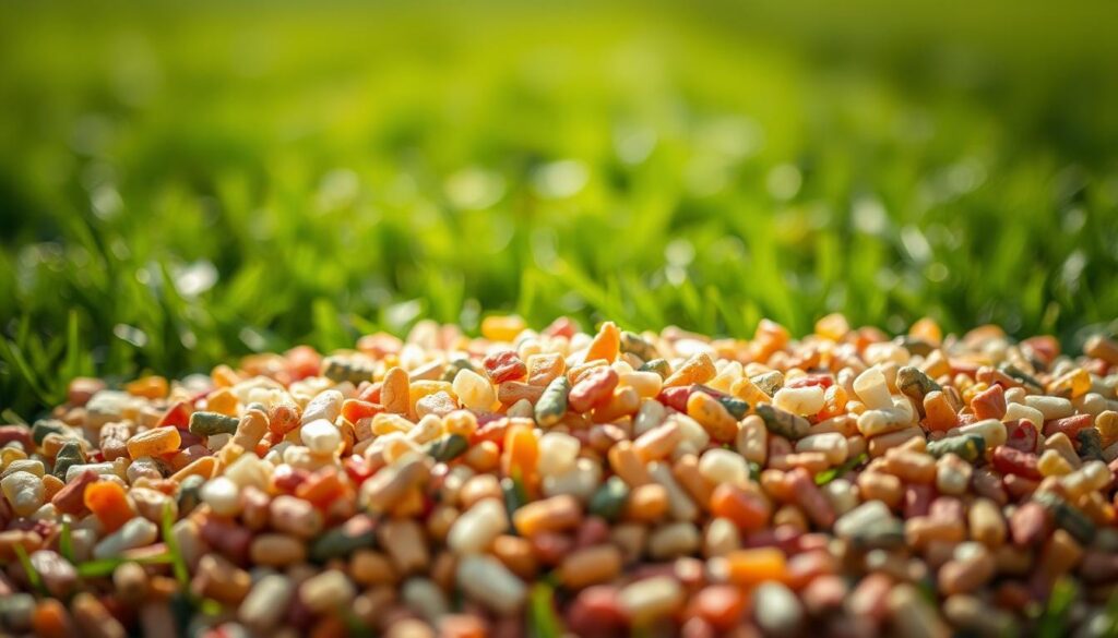 Detailed close-up of lawn fertilizer granules, illuminated by soft, diffused natural lighting. The foreground features an array of different colored nutrient-rich granules, their textures and shapes clearly visible. The middle ground showcases a mix of various fertilizer components like nitrogen, phosphorus, and potassium. In the background, a blurred, out-of-focus lawn provides context, emphasizing the purpose and application of the fertilizer. The overall composition conveys a sense of informative clarity, highlighting the key nutrients and their role in a healthy, lush lawn.