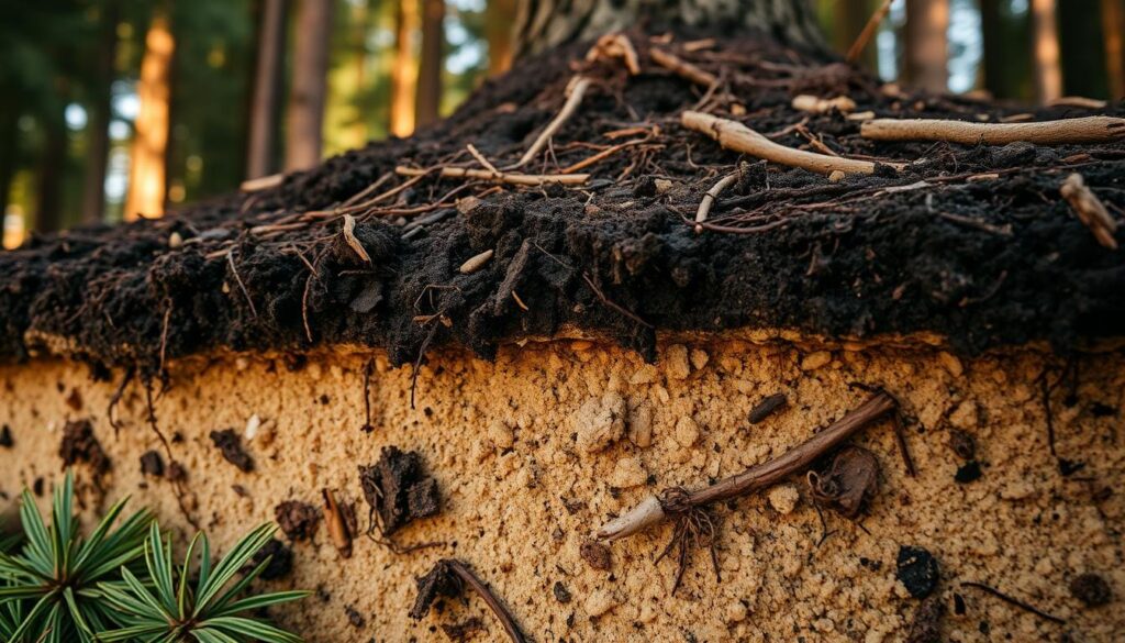 Detailed close-up of the soil composition in a lush pine tree forest, showcasing the rich, organic layers. Prominent dark humus at the surface, transitioning into lighter, sandy loam below, interspersed with pine needles, twigs, and decomposing matter. Warm, soft lighting filters through the canopy, highlighting the textures and colors of the nutrient-dense soil. A sense of balance and natural harmony pervades the scene, reflecting the ideal conditions for healthy pine tree growth.