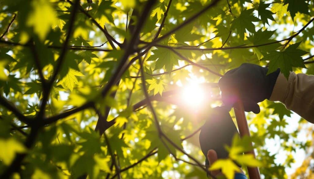 Detailed close-up view of a person pruning the branches of a mature maple tree, branches in the foreground and middle ground, filtered sunlight streaming through the leaves, creating a warm, golden-hued atmosphere, the pruner wearing gloves and safety goggles, the tree's healthy green foliage contrasting with the carefully trimmed branches, a sense of skilled arboricultural care and maintenance.