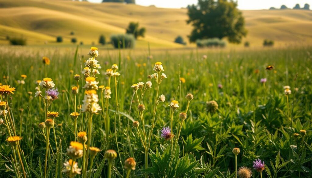 High-detailed, photorealistic image of a lush meadow in warm afternoon sunlight, filled with vibrant blooming bee nectar weeds. In the foreground, clusters of delicate, slender-stemmed flowers in shades of yellow, white, and lavender sway gently in a light breeze. The middle ground features a variety of leafy, low-growing ground cover plants with serrated edges and fuzzy textures. In the background, a rolling landscape of gently undulating hills is punctuated by the occasional oak or maple tree, their leaves dappling the scene with gentle shadows. The lighting is soft and diffused, creating a sense of warmth and tranquility. The overall composition draws the eye through the scene, highlighting the abundant nectar-rich flora that would attract a diverse array of buzzing pollinators.