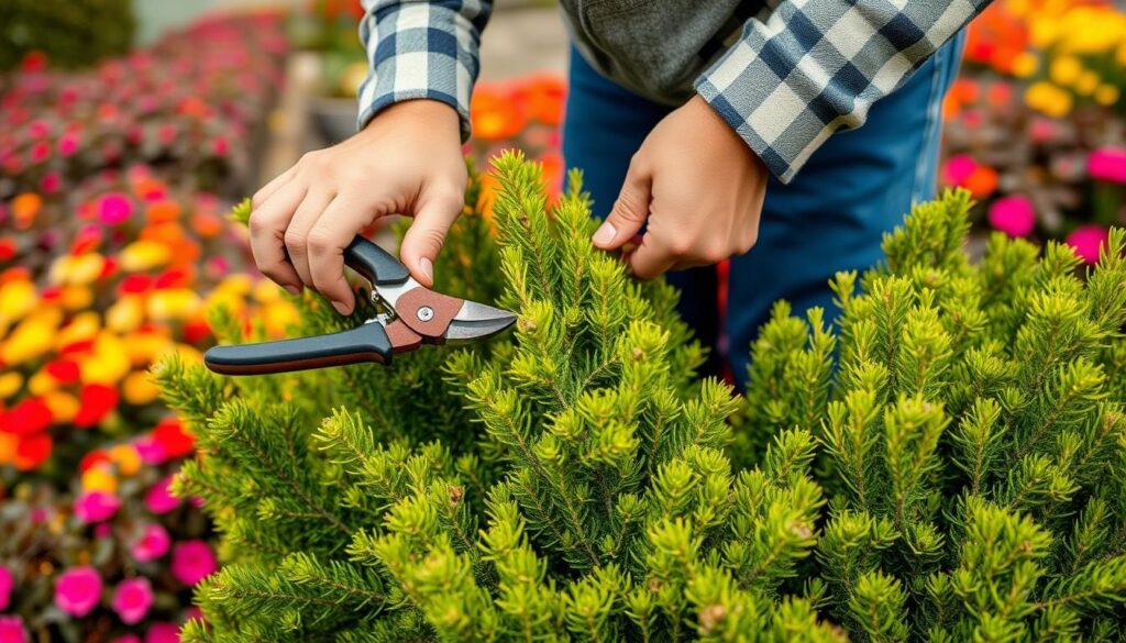 Image of a gardener pruning a juniper bush with hand pruners