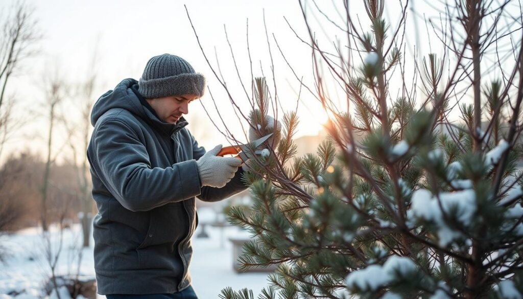 Image of a gardener pruning a pine tree in late winter
