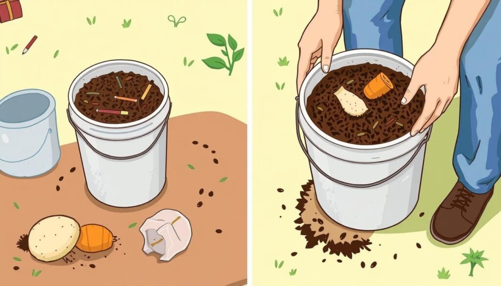 Image of a person steeping compost in a 5-gallon bucket