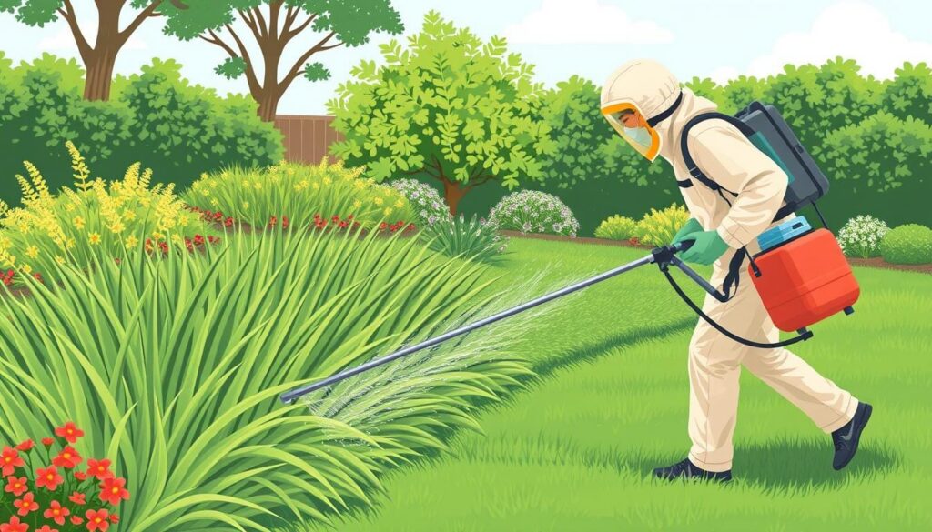Image of a person wearing protective gear and spraying herbicide on Bermuda grass
