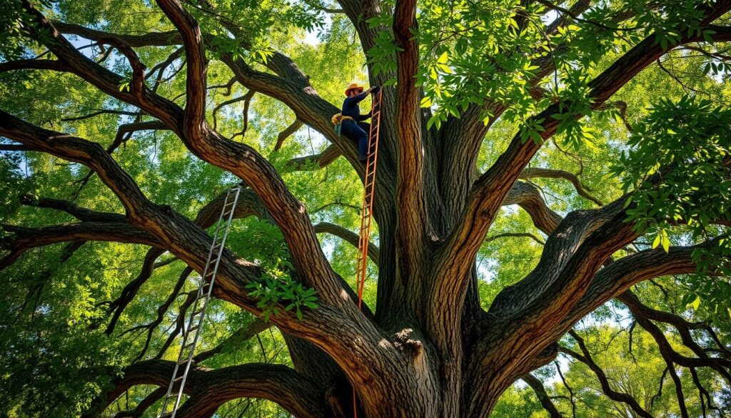 Image of a professional arborist pruning a live oak tree