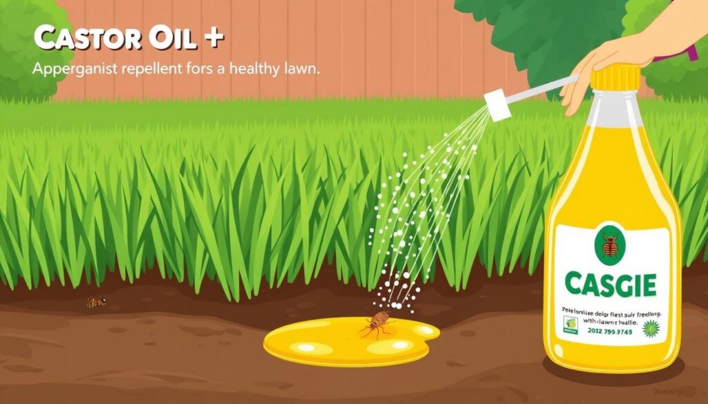 Image of castor oil being used as a natural repellent for lawn pests
