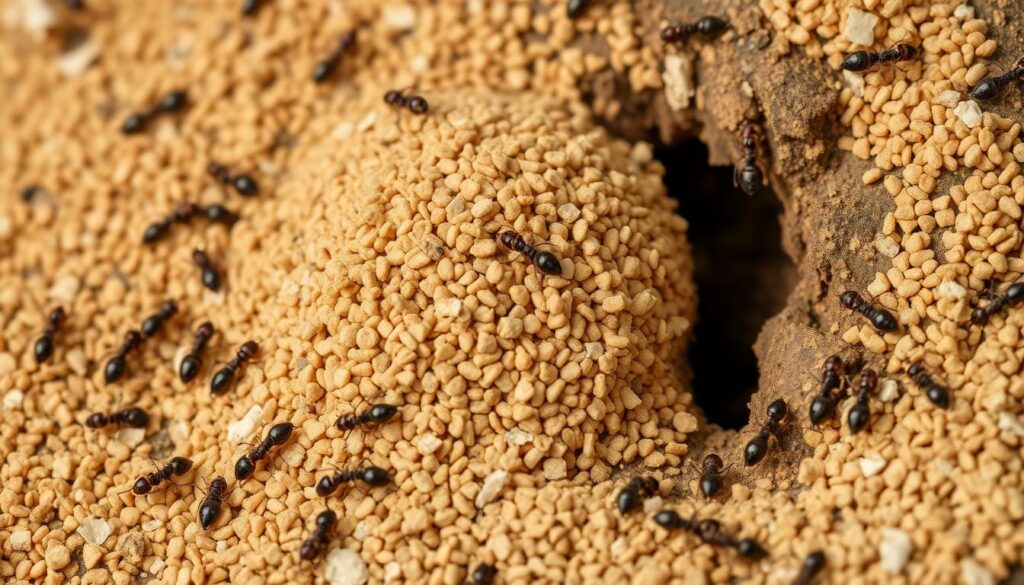 Image of granular ant bait being scattered over an ant nest