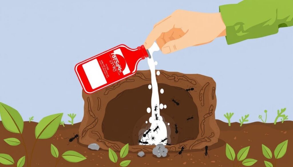 Image of liquid insecticide being poured into an ant nest