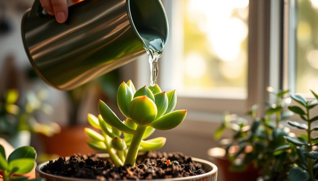 Lola, a vibrant green succulent, stands in the foreground, its plump leaves glistening with water droplets. The gardener's hands, holding a watering can, gently pour clear liquid onto the plant's soil, creating a soothing, rhythmic sound. Dappled sunlight filters through a nearby window, casting a warm, natural glow on the scene. The background is softly blurred, allowing the focus to remain on the delicate care and attention given to the thriving Lola succulent.