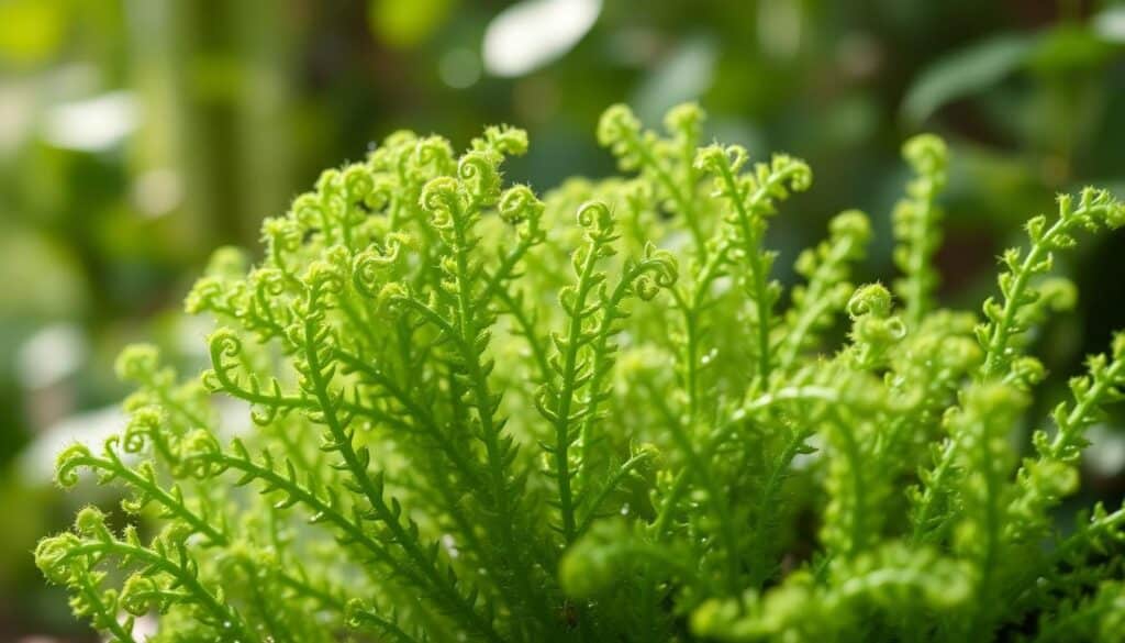 Lush, verdant close-up of a curly hair plant (Tanacetum parthenium) with vibrant green foliage and tight, spiraling leaves. The plant is shown in the foreground, its intricate, textured stems and leaf structures filling the frame. Soft, diffused natural lighting illuminates the scene, creating a gentle, ethereal atmosphere. The background is slightly blurred, hinting at a serene, outdoor environment with hints of other greenery. The overall composition emphasizes the beauty and complexity of the plant's unique growth patterns, inviting the viewer to appreciate the intricacies of plant propagation.