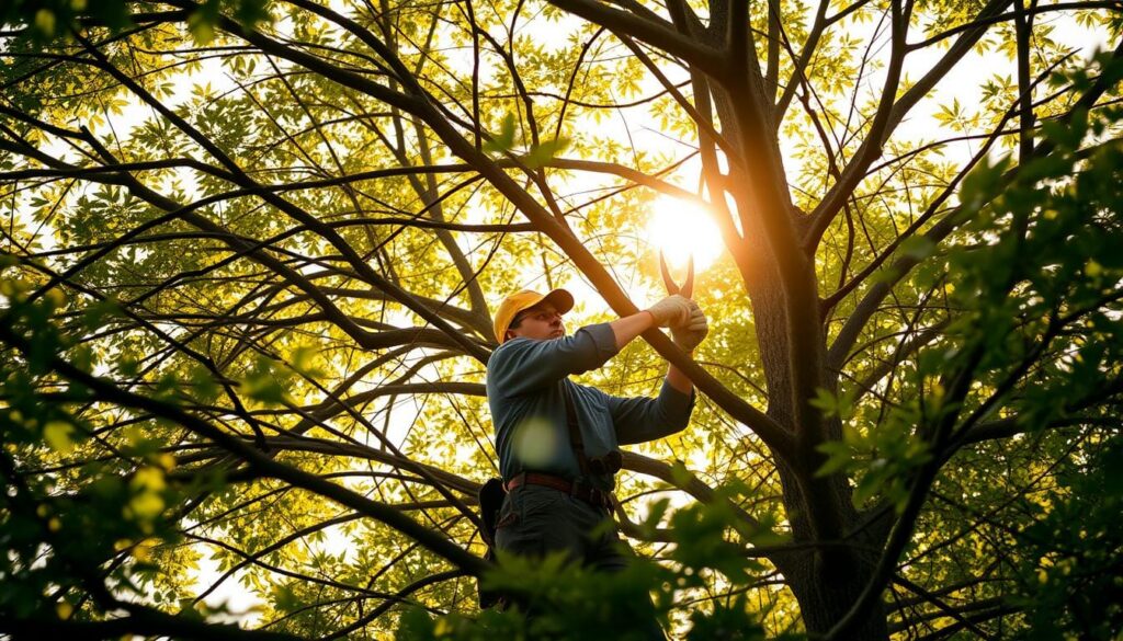 Maple tree pruning - A skilled arborist stands amidst the towering branches, carefully wielding sharp pruning shears. The intricate network of limbs is bathed in warm, golden sunlight, casting soft shadows across the verdant foliage. The focus is on the delicate process of selectively removing wayward growth, shaping the tree's natural form. The scene exudes a serene, contemplative atmosphere, highlighting the importance of proper maple tree maintenance for its health and aesthetic appeal.