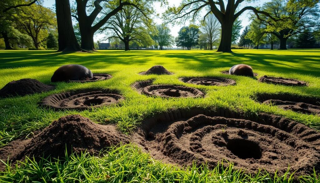Moles burrowing intricate tunneling patterns beneath a lush, verdant lawn. The foreground showcases the detailed mounds of freshly displaced soil, casting soft shadows across the grass. In the middle ground, glimpses of the underground network are revealed, with winding tunnels and entry holes peppering the surface. The background features a tranquil, sun-dappled scene, the lawn framed by towering trees and a clear, blue sky, creating a serene, natural atmosphere. Rendered with a crisp, documentary-style aesthetic, the image captures the dynamic interplay between the subterranean activity and the peaceful, aboveground landscape.