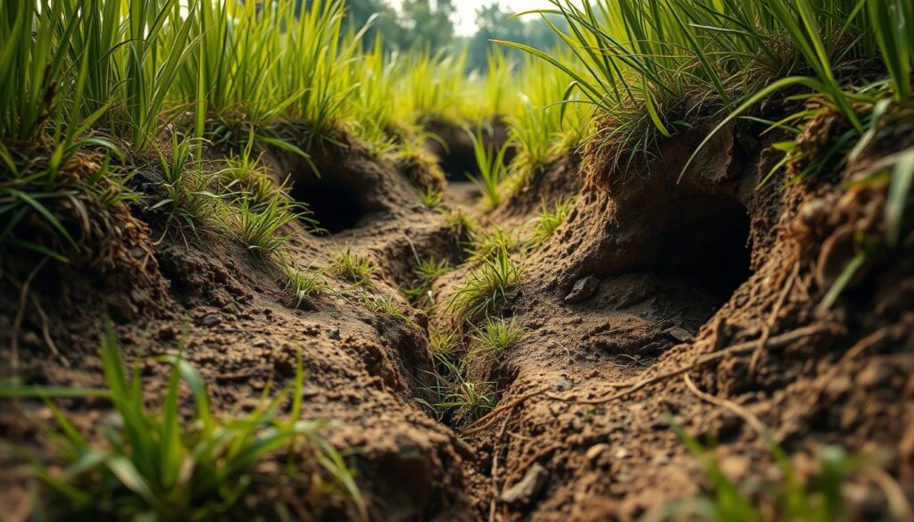 Vast, intricate network of subterranean mole tunnels winding through lush, verdant grass. Dirt and earth uplifted, revealing the industrious architects of this underground maze. Warm, soft light filters through the grassy canopy, casting gentle shadows across the irregular, gently sloping terrain. Textures of soil, roots, and vegetation intertwine in an organic, earthy palette. Precise, detailed, photorealistic render from a low, close-up angle, capturing the scale and complexity of this burrowing habitat.