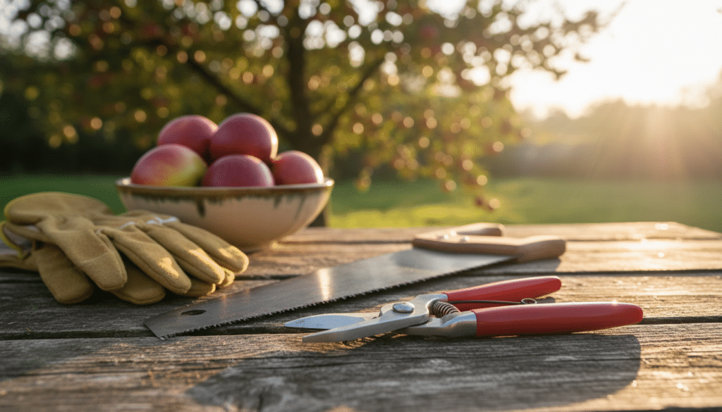 A beautifully arranged set of professional pruning tools placed on a rustic wooden table. In the foreground, showcase a variety of tools: a pair of sharp bypass pruners, a sturdy hand saw with a wooden handle, and a set of gardening gloves, all glistening in the soft morning light. In the middle ground, include a slightly blurred bowl filled with freshly picked apples to hint at the purpose of the tools. In the background, a lush fruit tree hangs heavy with ripe fruit, softly illuminated by the golden hour light, creating a warm and inviting atmosphere. The focus is sharp on the tools, while the background has a gentle bokeh effect, enhancing the mood of a serene gardening experience.
