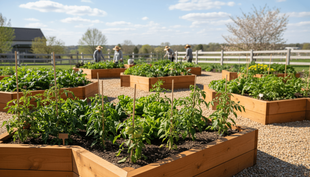 A beautifully arranged spring vegetable garden layout featuring vibrant raised beds planted with a variety of vegetables such as tomatoes, peppers, and leafy greens. In the foreground, focus on intricately designed wooden raised beds with rich, dark soil and healthy plants thriving in colorful garden beds. In the middle ground, include well-defined pathways made of gravel or mulch that lead through the garden, allowing easy access to each bed. The background should showcase a sunny sky with soft white clouds, enhancing the cheerful atmosphere of a spring day. The composition should evoke a sense of abundance and organization, with bright natural light casting gentle shadows, suggesting a warm and inviting gardening environment.