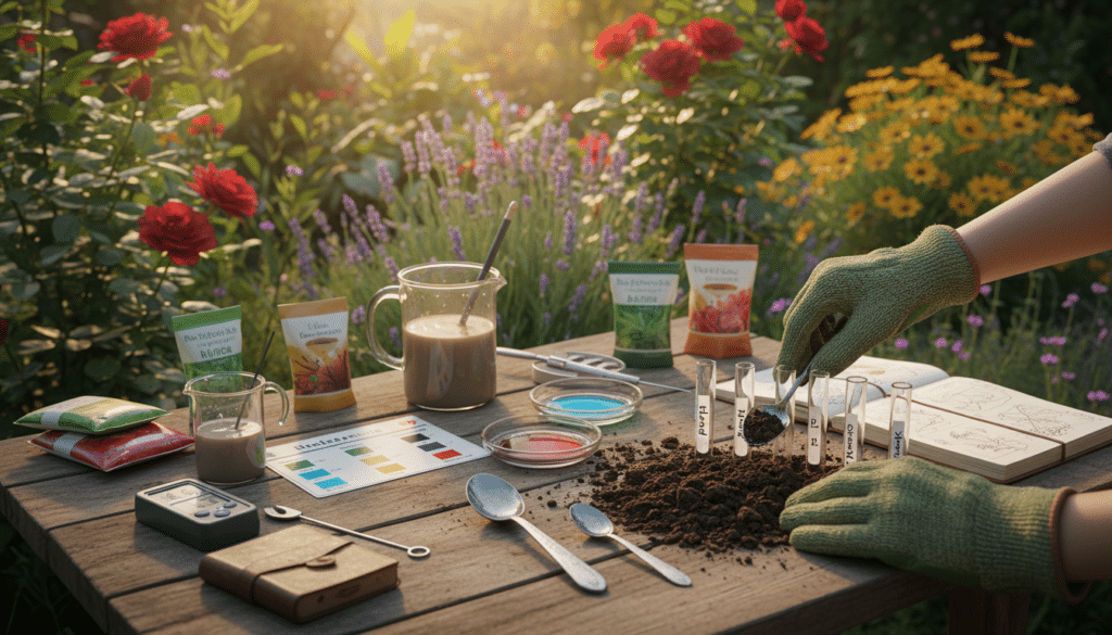 A close-up view of a soil testing scene in a well-tended garden, showcasing a variety of gardening tools and test kits. In the foreground, a pair of professional hands in modest casual gardening gloves carefully collection soil samples into labeled test tubes. The middle ground features various soil testing equipment, such as a pH meter, soil moisture meter, and color-coded test results spread out on a rustic wooden table. In the background, lush greenery and colorful flower beds provide a vibrant, healthy garden atmosphere, illuminated by warm, natural sunlight filtering through the leaves. The overall mood is informative and encouraging, reflecting the preparation for upcoming spring planting. Capture this with a slightly elevated angle to encompass both the intricate details of the testing process and the inviting garden environment. A close-up view of a soil testing scene in a well-tended garden, showcasing a variety of gardening tools and test kits. In the foreground, a pair of professional hands in modest casual gardening gloves carefully collection soil samples into labeled test tubes. The middle ground features various soil testing equipment, such as a pH meter, soil moisture meter, and color-coded test results spread out on a rustic wooden table. In the background, lush greenery and colorful flower beds provide a vibrant, healthy garden atmosphere, illuminated by warm, natural sunlight filtering through the leaves. The overall mood is informative and encouraging, reflecting the preparation for upcoming spring planting. Capture this with a slightly elevated angle to encompass both the intricate details of the testing process and the inviting garden environment.