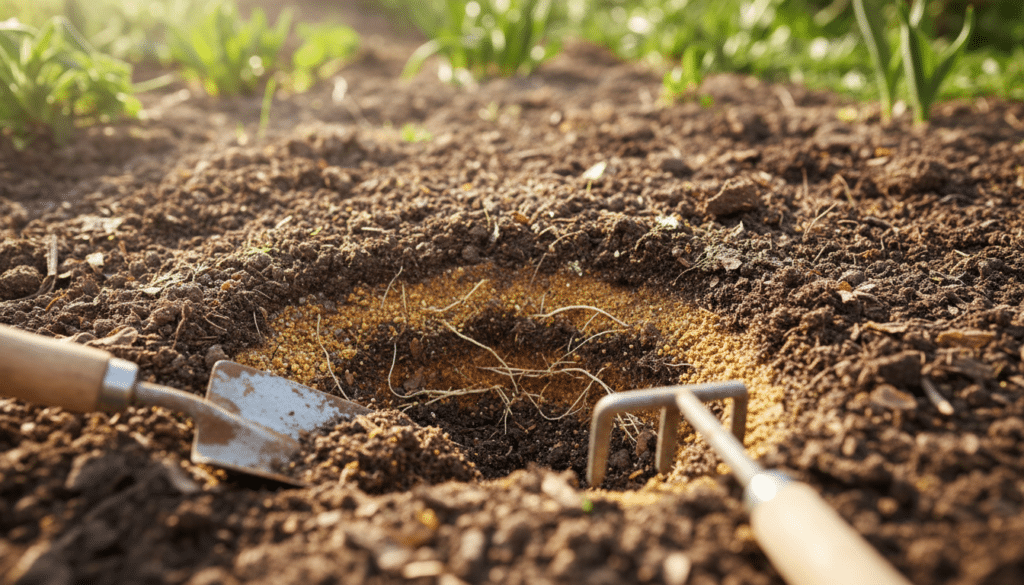 A close-up view of rich, dark garden soil showcasing a variety of textures, including clumps of clay, granular sand, and tiny organic matter. In the foreground, observe hand tools like a trowel and a small rake partially buried in the soil, illustrating the DIY testing process. The middle ground features a cross-section of the soil revealing its layered composition, with roots interspersed among the different layers showcasing the drainage potential. The background fades softly into a blurred green garden setting, hinting at the upcoming spring. The scene is illuminated by soft, natural sunlight, casting gentle shadows, creating a warm and inviting atmosphere. The lens focuses on the soil, emphasizing its texture and quality while maintaining a shallow depth of field to draw attention to the intricate details of the soil composition and the testing tools. A close-up view of rich, dark garden soil showcasing a variety of textures, including clumps of clay, granular sand, and tiny organic matter. In the foreground, observe hand tools like a trowel and a small rake partially buried in the soil, illustrating the DIY testing process. The middle ground features a cross-section of the soil revealing its layered composition, with roots interspersed among the different layers showcasing the drainage potential. The background fades softly into a blurred green garden setting, hinting at the upcoming spring. The scene is illuminated by soft, natural sunlight, casting gentle shadows, creating a warm and inviting atmosphere. The lens focuses on the soil, emphasizing its texture and quality while maintaining a shallow depth of field to draw attention to the intricate details of the soil composition and the testing tools.