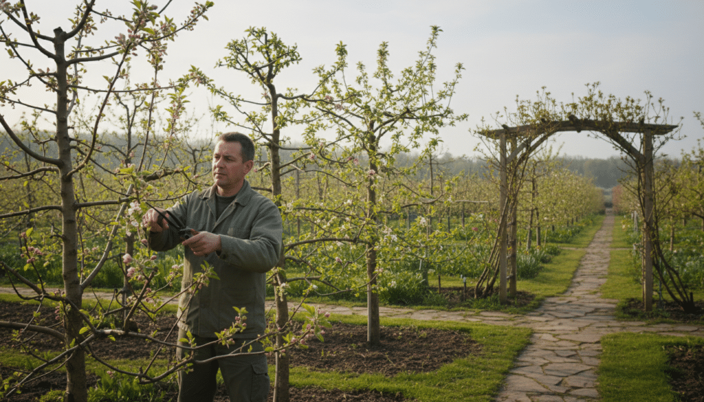 A serene garden scene in late February, showcasing a skilled gardener pruning fruit trees. In the foreground, a person dressed in modest casual clothing is thoughtfully holding pruning shears, focused on shaping the branches of a fruit tree. The middle ground features several fruit trees in various stages of growth, displaying vibrant green foliage and just-starting blooms. The background reveals a softly lit sky, hinting at the approaching spring, with gentle sunlight filtering through the branches, creating dappled shadows on the ground. The mood is calm and purposeful, emphasizing the care and precision involved in the pruning process. The angle captures both the gardener’s action and the beauty of the trees, inviting viewers into this horticultural moment.