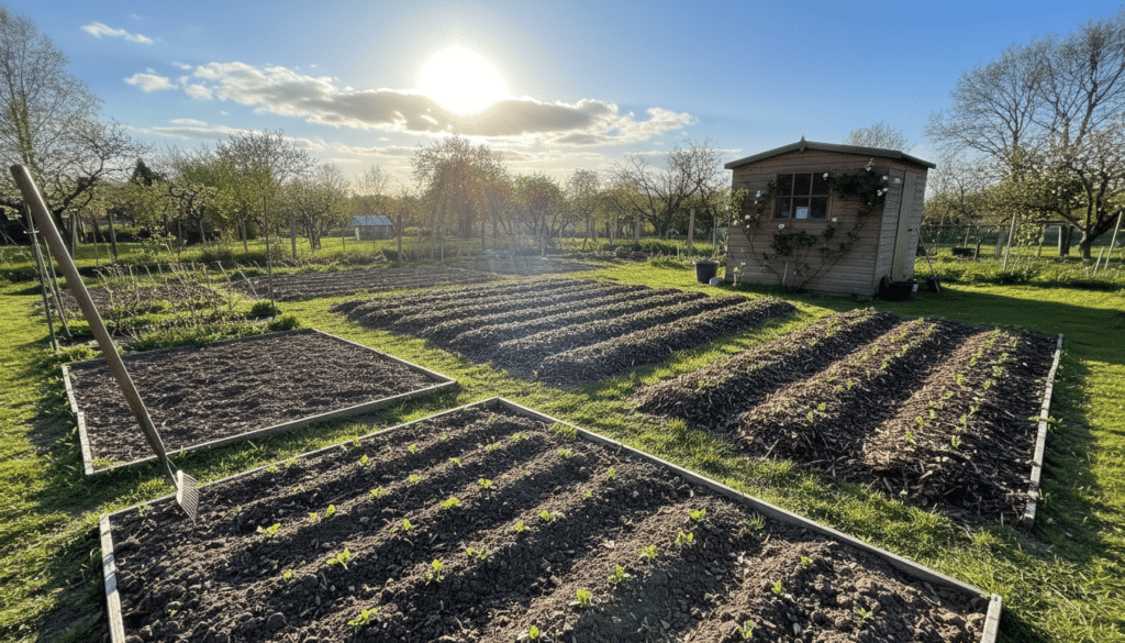 A serene garden scene showcasing clear debris garden beds in preparation for spring. In the foreground, neatly turned soil, free of clutter, accented by small sprigs of emerging greenery. Tools like a rake and a spade rest beside the beds, hinting at recent activity. The middle ground features vibrant, well-mulched garden beds, organized in neat rows, while young seedlings poke through the earth, symbolizing renewal. In the background, a bright blue sky with a few soft, fluffy clouds and sun rays filtering through creates a warm, inviting atmosphere. The lighting is soft yet bright, suggesting early morning or late afternoon, enhancing the peace of the scene. The angle is slightly elevated, offering a comprehensive view of the tidy garden landscape. A serene garden scene showcasing clear debris garden beds in preparation for spring. In the foreground, neatly turned soil, free of clutter, accented by small sprigs of emerging greenery. Tools like a rake and a spade rest beside the beds, hinting at recent activity. The middle ground features vibrant, well-mulched garden beds, organized in neat rows, while young seedlings poke through the earth, symbolizing renewal. In the background, a bright blue sky with a few soft, fluffy clouds and sun rays filtering through creates a warm, inviting atmosphere. The lighting is soft yet bright, suggesting early morning or late afternoon, enhancing the peace of the scene. The angle is slightly elevated, offering a comprehensive view of the tidy garden landscape.