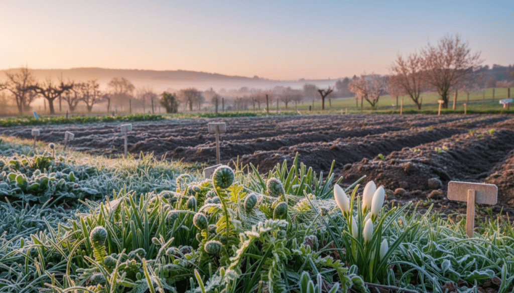 A serene spring garden at dawn, showcasing the last frost, with delicate frost crystals glistening on young green shoots and budding flowers in the foreground. The middle ground features a well-organized vegetable patch with freshly tilled soil, ready for planting. In the background, a soft pink and orange sky illuminates a distant horizon with gently rolling hills and trees starting to blossom. The atmosphere is tranquil, evoking a sense of renewal and hope. The lighting is soft and warm, typical of early morning, creating a peaceful ambiance. The lens perspective is a gentle close-up, emphasizing the beauty of new growth while capturing the essence of spring gardening.