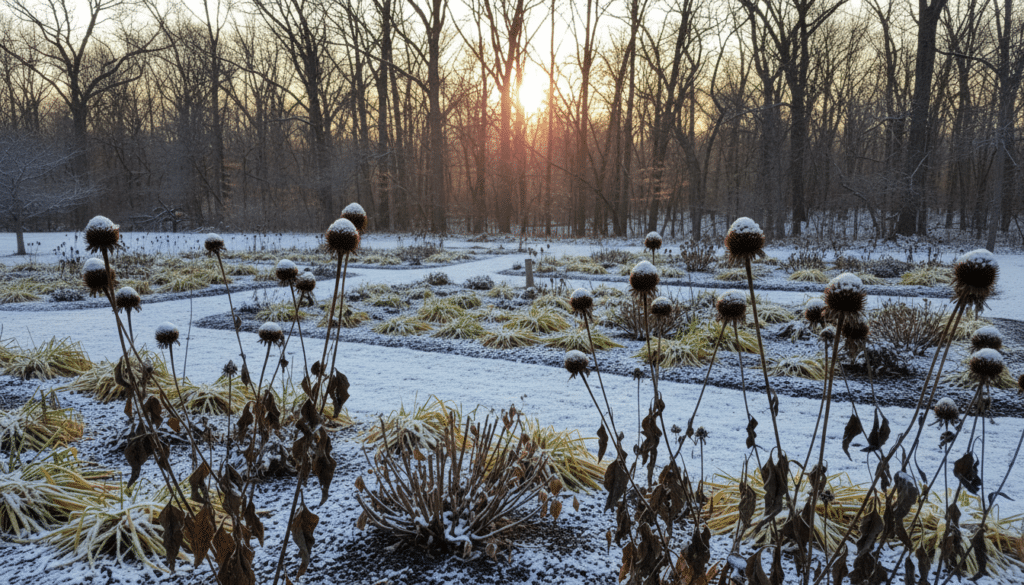 A tranquil winter garden scene focused on perennials during their dormant season, showcasing a variety of plants like coneflowers, daylilies, and peonies neatly pruned. In the foreground, a close-up of pruned branches and dried seed heads presents a sense of care and preparation. The middle ground features a neatly maintained garden bed with a light dusting of snow, emphasizing the plants' resilience. Background elements include bare trees and a softly glowing winter sun just above the horizon, casting warm golden light that creates gentle shadows and highlights the textures of the plants. The atmosphere is serene and hopeful, symbolizing a transition to spring as the garden is readied for new growth. The image should capture the peaceful feel of winter while hinting at the vibrancy to come. A tranquil winter garden scene focused on perennials during their dormant season, showcasing a variety of plants like coneflowers, daylilies, and peonies neatly pruned. In the foreground, a close-up of pruned branches and dried seed heads presents a sense of care and preparation. The middle ground features a neatly maintained garden bed with a light dusting of snow, emphasizing the plants' resilience. Background elements include bare trees and a softly glowing winter sun just above the horizon, casting warm golden light that creates gentle shadows and highlights the textures of the plants. The atmosphere is serene and hopeful, symbolizing a transition to spring as the garden is readied for new growth. The image should capture the peaceful feel of winter while hinting at the vibrancy to come.