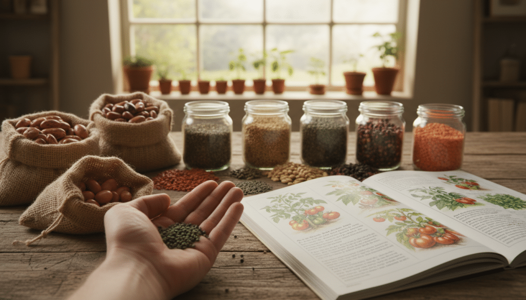 A vibrant assortment of seed varieties displayed on a rustic wooden table, arranged in small burlap sacks and glass jars, showcasing colorful and diverse seeds such as heirloom tomatoes, delicate herbs, and hearty legumes. In the foreground, a hand is carefully inspecting a handful of bright green basil seeds, symbolizing the selection process. The middle ground features an open seed catalog, with beautiful illustrations of plants and descriptions of growing conditions, inviting the viewer to explore. In the background, soft natural light filters through a window, casting a warm glow over the scene, creating an inviting and inspirational atmosphere. The focus is sharp on the seeds and catalog, with a slight blur in the background, emphasizing the importance of choosing the right seeds for the growing season.