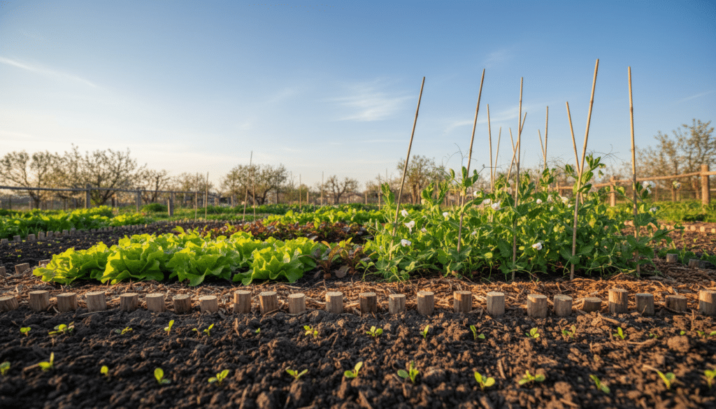 A vibrant early spring garden showcasing rows of emerging crops, including bright green lettuce, delicate radishes pushing through the soil, and clusters of colorful peas climbing tendrils. In the foreground, fresh soil tilled and ready, with tiny sprouts breaking through the surface. The middle ground features a well-organized vegetable bed, bordered by small wooden stakes and natural mulch. In the background, a clear blue sky illuminates the scene with soft golden sunlight, casting gentle shadows across the garden. The overall atmosphere is one of renewal and optimism, embodying the promise of a fruitful growing season. The composition is captured from a low angle to emphasize the crops' growth against the sky, evoking a sense of hope and vitality.