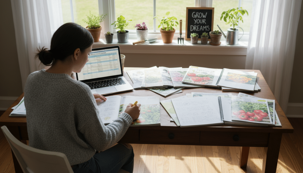 A visually engaging image depicting a serene home office setting with a wooden desk covered in colorful seed catalogs, open notebooks, and a laptop displaying a well-organized spreadsheet. In the foreground, a person in modest casual clothing is thoughtfully reviewing the catalogs, highlighting different seeds with a marker. The middle ground features a warm, inviting window allowing soft, natural light to illuminate the scene, casting gentle shadows. The background shows a row of potted plants and gardening tools neatly arranged, evoking a sense of preparedness for spring gardening. The overall atmosphere is one of calm and focus, inspiring viewers to consider practical tips for selecting and ordering seeds efficiently.