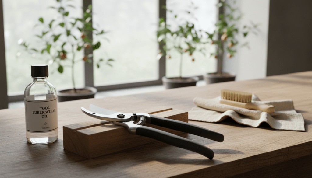 A well-organized workspace featuring essential pruning tools meticulously arranged for maintenance. In the foreground, a pair of sharp, shiny pruning shears lies next to a wooden honing block and a bottle of oil for lubrication. The middle layer showcases a clean, rustic wooden workbench with a soft cloth and a small brush for cleaning the tools, creating an inviting and methodical atmosphere. In the background, a bright window allows natural light to flood the space, illuminating the scene and casting soft shadows. A few potted fruit trees are subtly visible in the background, adding context to the tools presented. The overall mood evokes a sense of care and professionalism, emphasizing the importance of maintaining pruning tools effectively.