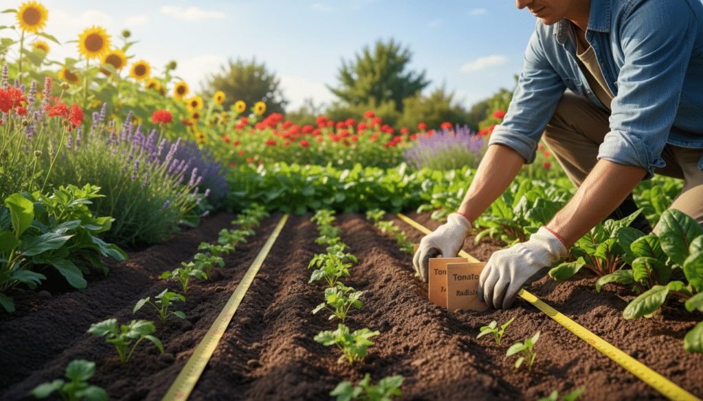 Brightly lit garden scene showcasing a variety of vegetable seeds being spaced meticulously in rich, dark soil. In the foreground, hands of a gardener, wearing modest casual attire, are gently placing seed packets in organized rows, demonstrating proper plant spacing. In the middle ground, small, emerging seedlings peek through the soil, illustrating careful planning that allows for optimal growth. The background features a lush, blooming garden with vibrant colors, under a clear blue sky and warm sunlight filtering through. The atmosphere conveys a sense of harmony, productivity, and joy, inviting viewers to embrace the simplicity and effectiveness of thoughtful garden planning. Shot at a slight overhead angle to capture the depth of the garden layout while creating a bright and engaging composition.