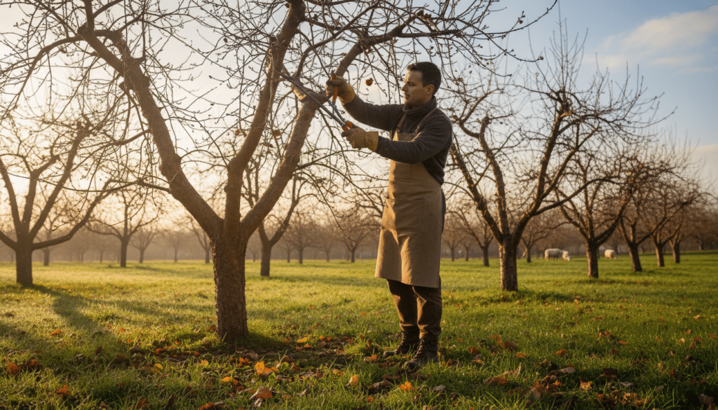 Pruning fruit trees in a serene late February landscape, showcasing a skilled gardener in modest clothing, carefully trimming branches of a vibrant apple tree. The foreground features lush green grass scattered with fallen leaves. In the middle ground, the gardener is using pruning shears, focused on removing excess branches to encourage healthy growth. Sunlight filters through the trees, casting soft shadows and creating a warm, inviting atmosphere. The background includes other fruit trees, bare yet hinting at the promise of spring with tiny buds appearing. The scene is captured from a slightly angled perspective to emphasize the action of pruning, evoking a sense of diligence and care for the trees.
