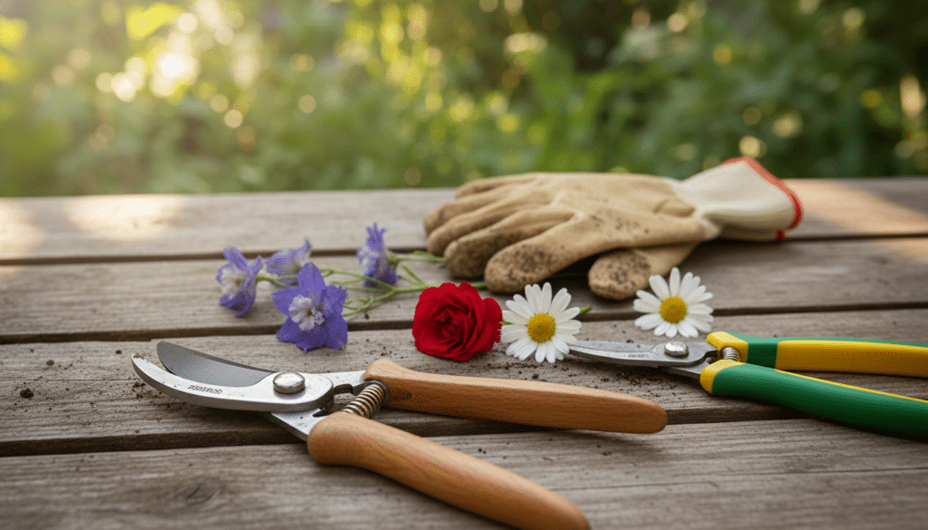 A beautifully arranged collection of essential tools for deadheading flowers, artfully displayed on a rustic wooden table. In the foreground, include a pair of sharp pruning shears with shiny stainless steel blades, alongside vibrant flower snips. Scatter a few freshly cut flower heads to illustrate the process. In the middle, feature a gardening glove, partially pulled off as if in use, with dirt on its fingertips, suggesting an active gardener. The background should be softly blurred garden greenery, with sunlight filtering through leaves, creating a warm and inviting atmosphere. The lighting is soft yet bright, giving a sense of tranquility and focus on the tools. The angle is slightly overhead, capturing the arrangement from a vantage point that highlights the tools and emphasizes their use in gardening.