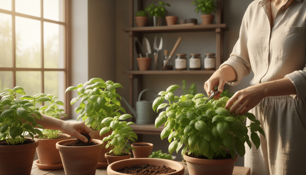 A bright and inviting indoor garden scene focused on the care of basil plants. In the foreground, a lightly dressed individual in modest casual clothing is gently pruning a lush green basil plant, showcasing fresh basil leaves with droplets of water. The middle ground features several pots of basil in varying sizes, some being fertilized with organic compost. Soft, natural light spills in from a nearby window, casting gentle shadows that enhance the texture of the leaves and soil. In the background, a shelf filled with gardening tools and small containers of fertilizer adds depth to the scene. The atmosphere is cozy and nurturing, embodying the essence of caring for indoor herbs.