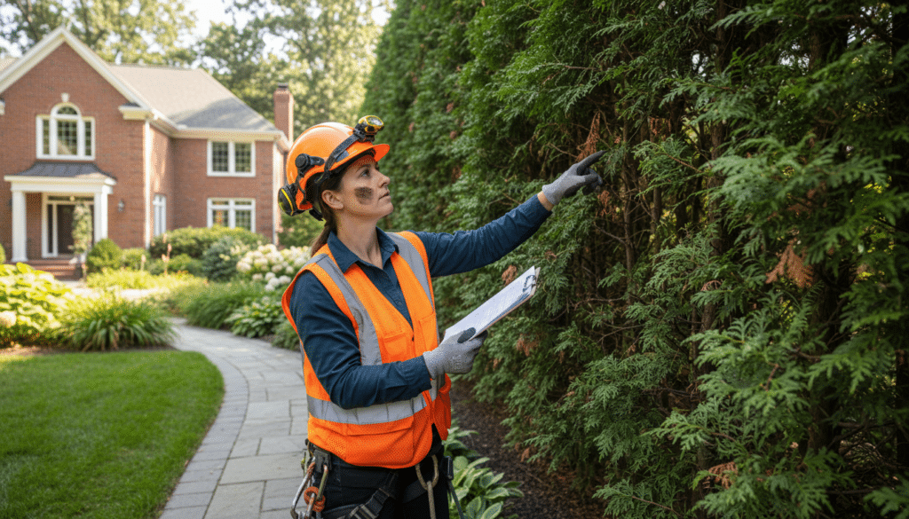 A certified professional arborist wearing a safety vest and carrying a clipboard, carefully inspecting the inner branches of a tall arborvitae hedge in a residential garden.