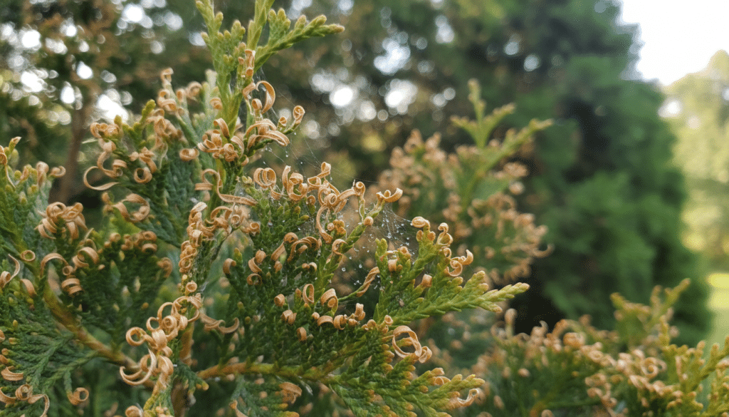 A close-up image of evergreen needles affected by spider mite damage, showcasing orange and yellow stippling on the dark green foliage. The foreground features a few healthy, vibrant needles interspersed with those showing clear signs of infestation and stress—curling, discoloration, and tiny webbing. The middle ground captures the intricate details of spider mite eggs and the pests themselves, appearing minute against the needle backdrop. In the background, softly blurred evergreen trees create a serene, natural setting, with diffused sunlight filtering through the branches, casting gentle shadows. The overall atmosphere is one of subtle decline, highlighting the impact of pest infestations on the health of arborvitae. Ideal lighting for showcasing textures and patterns, shot at an angle that emphasizes the contrast between healthy and damaged foliage.