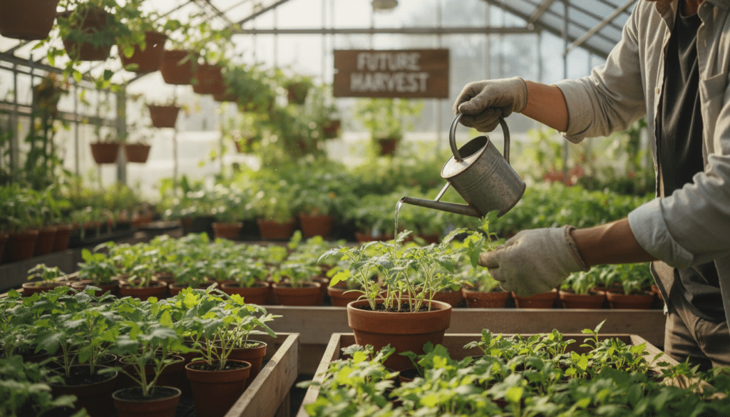 A close-up scene of a gardener carefully tending to vibrant tomato seedlings in a well-lit greenhouse. In the foreground, the gardener, dressed in modest casual clothing, gently waters the green sprouts and examines their delicate leaves. The middle layer features rich, dark soil in pots with healthy tomato seedlings, showcasing their bright green foliage and sturdy stems. The background reveals a bright, sunlit greenhouse filled with other plants, adding warmth and life to the scene. Soft, natural lighting filters through the glass, creating a serene and hopeful atmosphere in the nurturing environment. The composition highlights the care and attention needed for seedling maintenance, conveying a sense of dedication and growth.