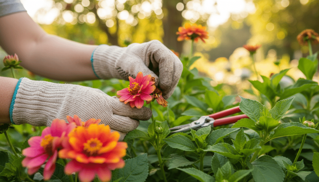 A close-up shot of a gardener's hands gently deadheading a vibrant flower, showcasing bright petals in shades of pink, orange, and yellow. The foreground features the hands in gardening gloves, delicately removing wilted flowers, with a pair of clippers resting nearby. In the middle ground, lush green foliage surrounds the flowers, hinting at a well-tended garden. The background shows a sunny garden setting, with soft bokeh effects creating a warm atmosphere, emphasizing the seasonal theme. Natural sunlight filters through, casting gentle highlights on the flowers and leaves. The mood is peaceful and inviting, perfect for illustrating the importance of proper deadheading techniques for continuous blooming.