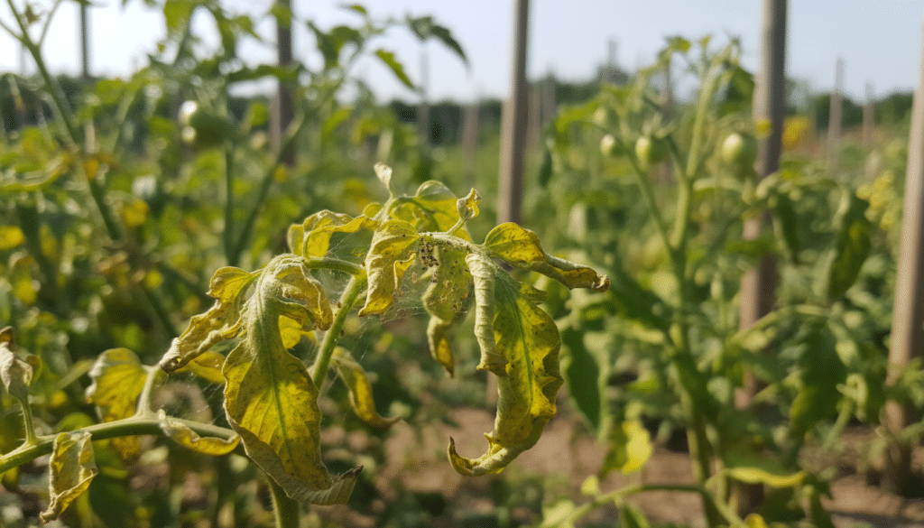 A close-up view of a damaged tomato plant with curled leaves, clearly exhibiting symptoms of diseases and pests. Foreground features focus on the distinct leaf structures showing yellowing and curling, with small insects like aphids or spider mites visible on the underside. In the middle ground, blurred additional tomato plants can be seen, some healthy, creating a contrast that highlights the issue. The background consists of a soft-focus garden setting in natural light, suggesting a sunny day. The atmosphere is slightly somber, conveying the challenges faced by gardeners. Utilize a shallow depth of field to emphasize the afflicted leaves in sharp detail while keeping the surroundings subtly out of focus.