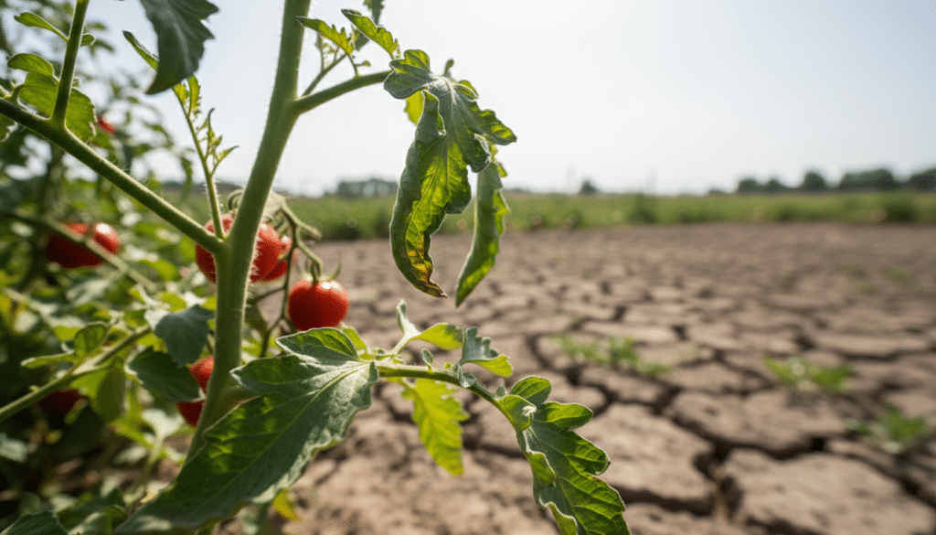 A close-up view of a healthy tomato plant prominently featuring curled leaves, showcasing environmental stress factors such as extreme heat and water scarcity. In the foreground, focus on vibrant green leaves, with some exhibiting noticeable curling and discoloration to illustrate the issue clearly. The middle ground should include the stem of the tomato plant, with small, ripe tomatoes hinting at the plant's prior health. In the background, hint at a parched garden landscape with cracked soil under a bright, sunlit sky, emphasizing the impact of dry weather. Use soft, natural lighting to create a realistic atmosphere, capturing the essence of a garden affected by environmental stress, with shallow depth of field to focus attention on the curled leaves.