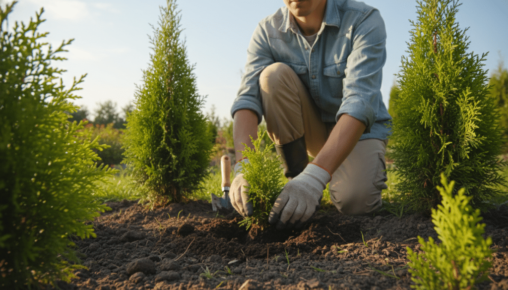 A close-up view of a lush, healthy arborvitae garden, showcasing hands delicately planting young arborvitae saplings into rich, fertile soil. In the foreground, vibrant green needles glisten in gentle sunlight, with a focus on the texture of the leaves. In the middle ground, several well-maintained arborvitae are seen, standing tall and straight, with a gardener in modest casual clothing kneeling next to them, demonstrating proper planting techniques. The background features a blurred landscape of other greenery and a blue sky, adding a serene atmosphere. Soft, warm lighting enhances the scene, creating a peaceful, nurturing environment dedicated to plant care. Shot from a low angle to emphasize the growth and beauty of the plants, conveying a sense of hope and stewardship for the future.