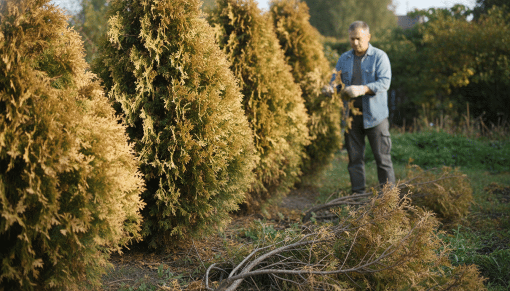A close-up view of a row of arborvitae trees, showcasing various environmental and cultural issues affecting them. The foreground features several trees displaying signs of stress: yellowing foliage, browning tips, and patchy spots on the leaves. A few fallen branches and scattered debris highlight poor maintenance. In the middle ground, a gardener in modest casual attire examines the foliage, looking concerned yet focused. The background reveals a blurred landscape of a suburban garden with a mix of healthy shrubs and weedy growth, bathed in soft morning light that casts gentle shadows. The atmosphere is slightly somber, emphasizing the urgency of identifying and addressing the problems faced by these trees. The lens captures a shallow depth of field, drawing attention to the arborvitae issues while subtly framing the gardener's efforts.