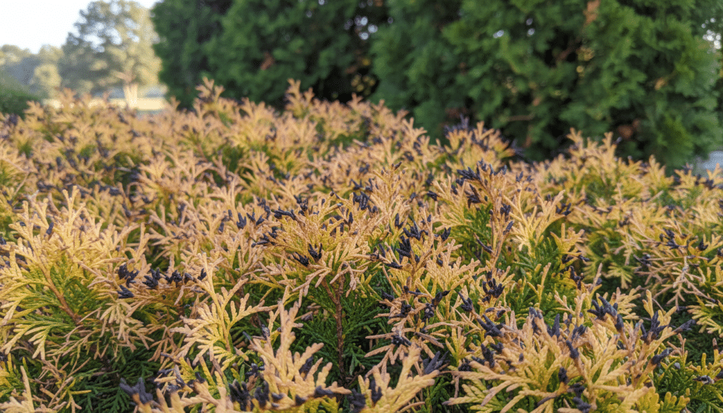 A close-up view of arborvitae foliage displaying needle blight symptoms. The foreground features severely affected branches with yellowing and browning needles, showcasing a mix of healthy green foliage and diseased sections to illustrate contrast. In the middle ground, a clear focus on needle clusters with blackened, dead tips, along with tiny, pinpoint lesions, provides a detailed representation of the disease's impact. The background includes blurred, healthy arborvitae trees, enhancing the contrast between sick and healthy plants. The lighting is soft and natural, mimicking early morning sunlight, highlighting the textures and colors of the needles. Capture this image from a slightly elevated angle to give an informative view of both the affected and unaffected areas, evoking a sense of urgency and education about arborvitae health.