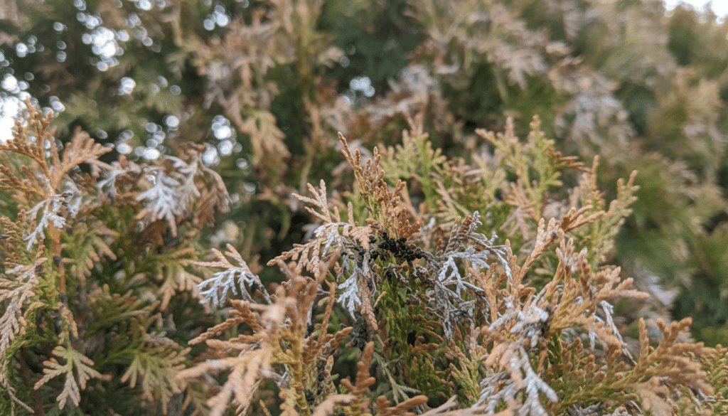 A close-up view of arborvitae foliage showing clear symptoms of needle blight. The foreground highlights clusters of infected needles, displaying a combination of browning, shedding, and fungal growths. In the middle ground, healthy green needles contrast with the affected areas, showcasing the disease’s progression. The background features a blurred landscape of an arborvitae hedge, with soft natural light filtering through the foliage, creating a serene yet slightly somber atmosphere. The scene captures fine details of needle textures, emphasizing the impact of the blight. Use a macro lens perspective to draw focus on the needle damage while keeping the overall composition balanced and informative.