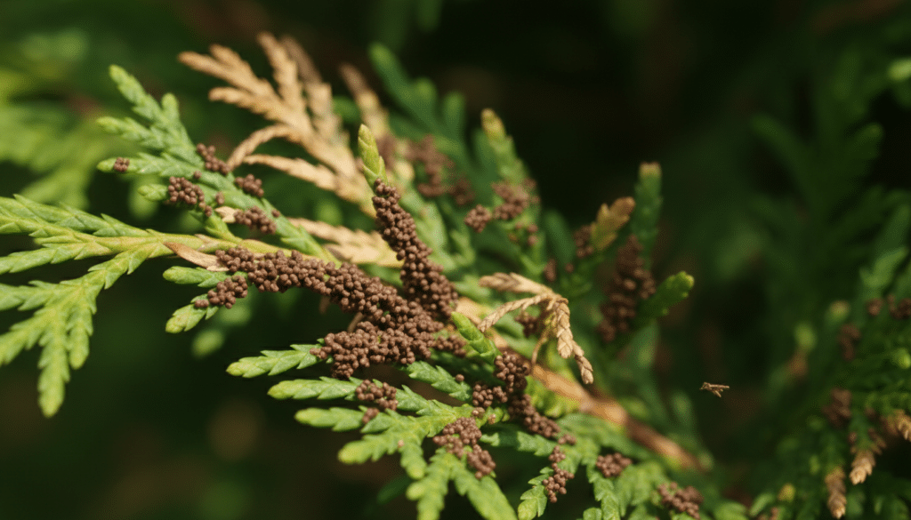 A close-up view of arborvitae needles infested with needle blight fungus spores. The foreground features lush green needles, with clusters of tiny, dark brown spores distinctly visible on the surface. In the middle, the needles show slight discoloration and deterioration, hinting at the effects of the fungus. The background is a softly blurred depiction of a healthy arborvitae, contrasting the affected needles in the foreground. Natural lighting illuminates the scene, creating gentle shadows that highlight the texture of the needles. The angle is slightly tilted, providing a dynamic perspective that draws attention to the fungal infestation, evoking a sense of concern about plant health. The overall atmosphere is informative and serious, aiming to raise awareness about tree health issues.